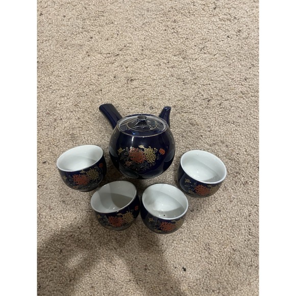Other - Vintage Japanese Cobalt Blue Teapot & 4 Teacup Set Double Floral Gold Rimmed